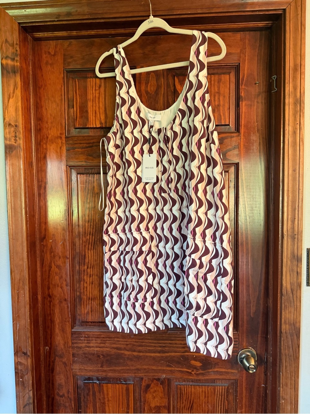 Reiss Wave-Print Dress in Burgundy, Cream & Blush